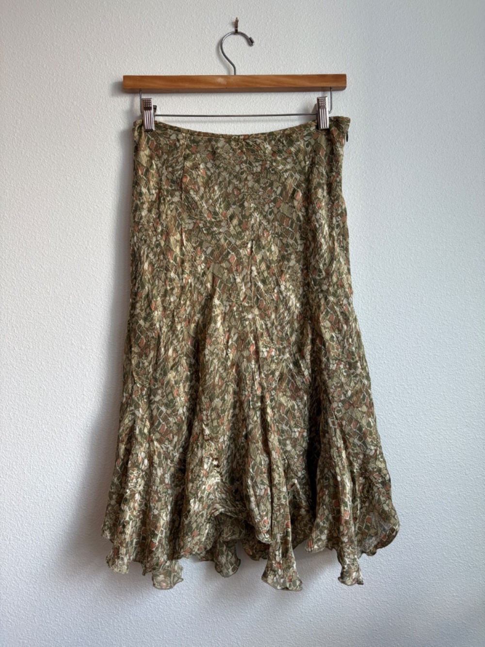 Y2K Fairy Anne Klein 100% Silk Midi Handkerchief Hem Midi Skirt Green Size 4